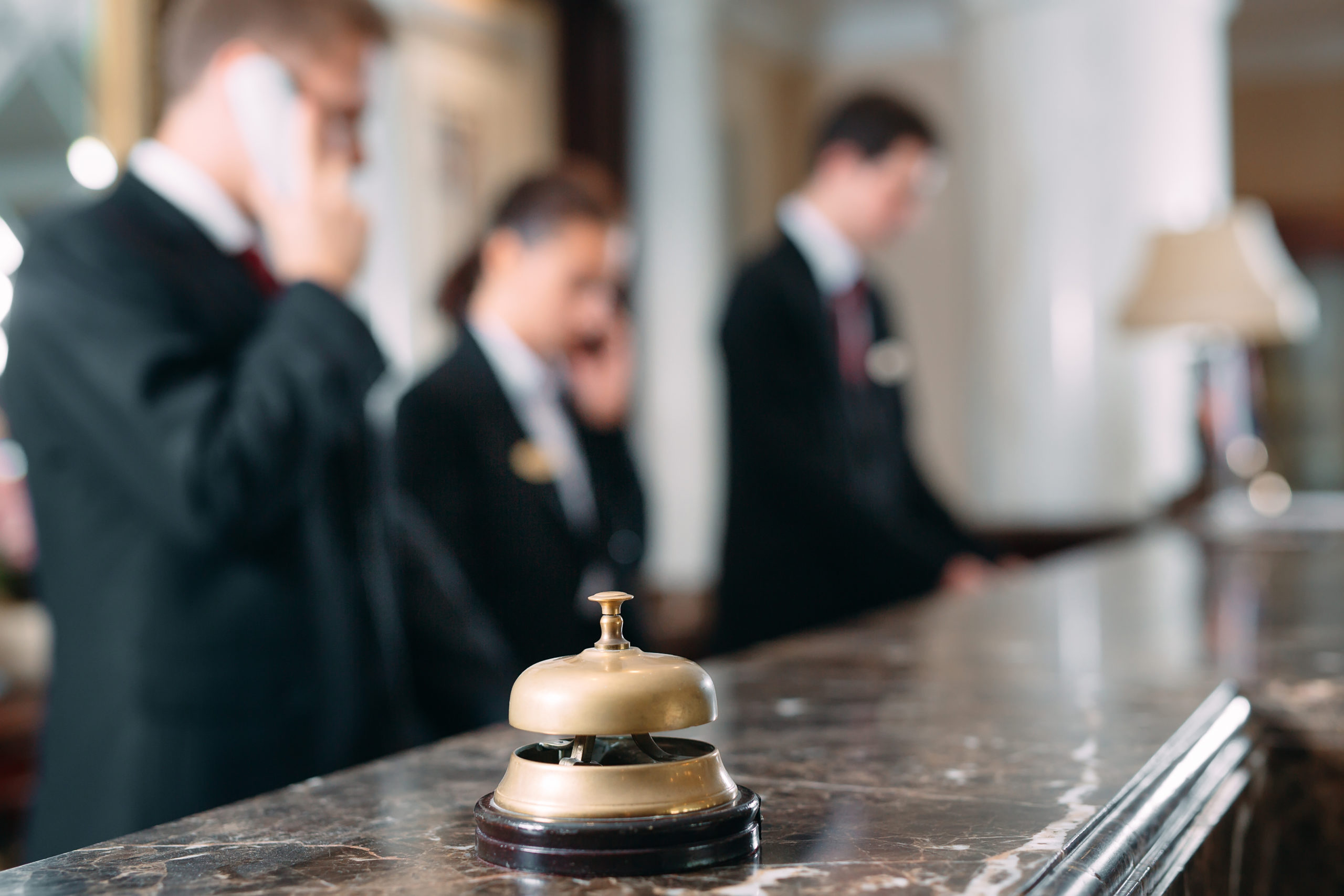 Hotel service bell Concept hotel, travel, room,Modern luxury hotel reception counter desk on background